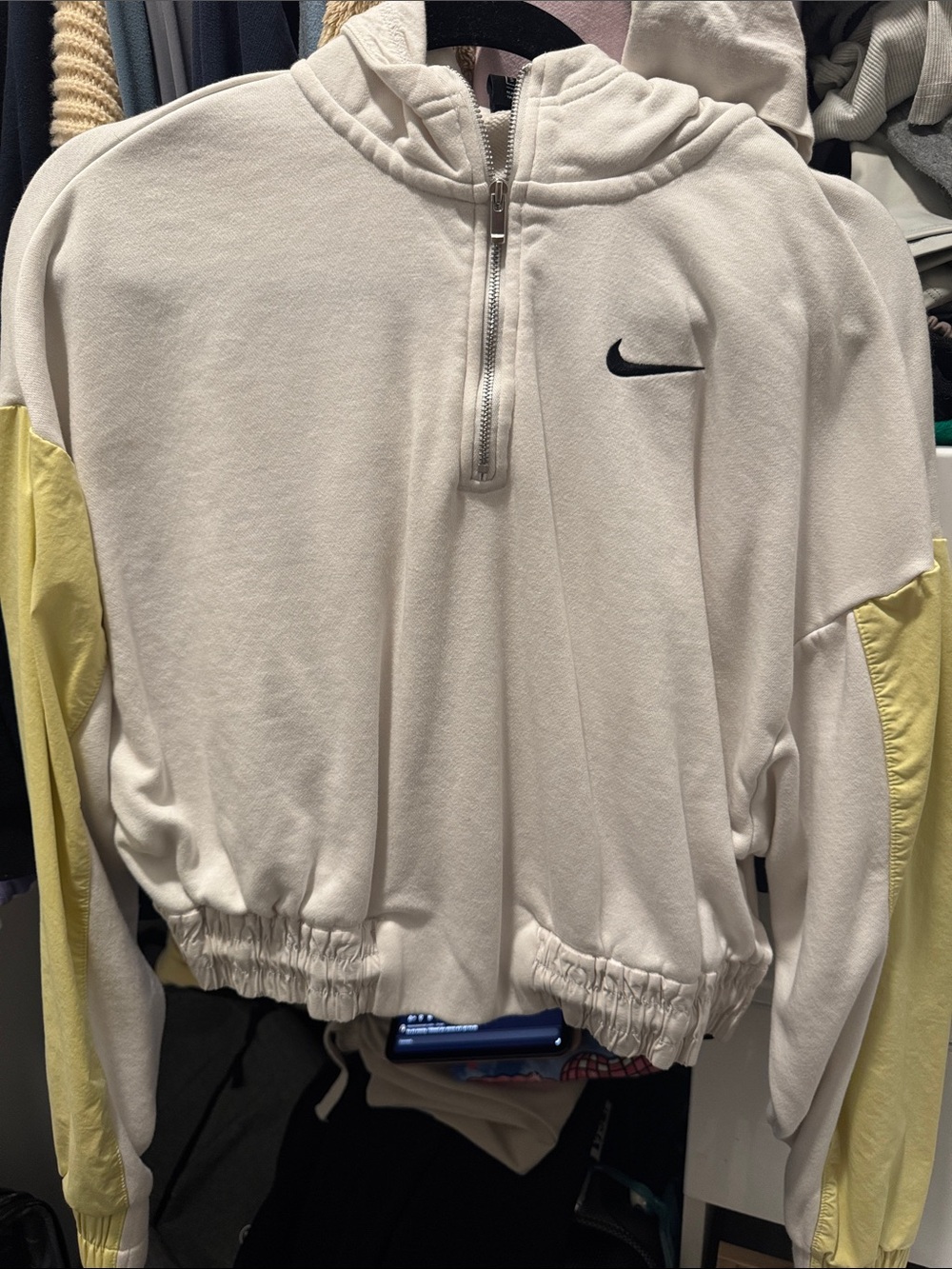Nike White Crew Half-Zip Sweater with Pale Yellow Sleeves